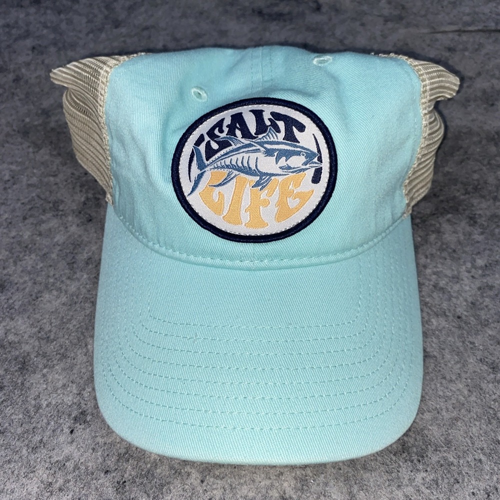 New Salt Life Fish Baseball Cap Adjustable Teal & Tan Mesh Snapback Live Salty
